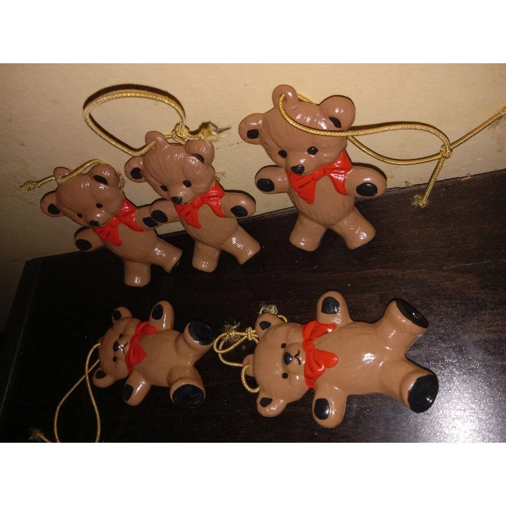 LOT OF 5 VTG Teddy Bear Christmas Ornament Red Bow Ceramic Grandmacore 1980s‎